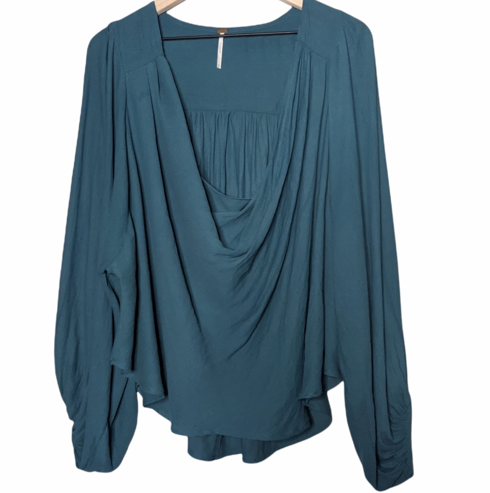 Free People Teal Draped Long-Sleeve Blouse
